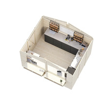 Interiör av ett trädgårdshus i trä med försäljningsyta och disk