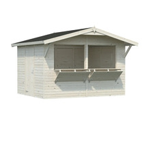 Trädgårdshus i trä med försäljningsluckor