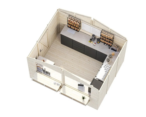 Interiörvy av ett trädgårdshus i trä med bardisk och arbetsytor