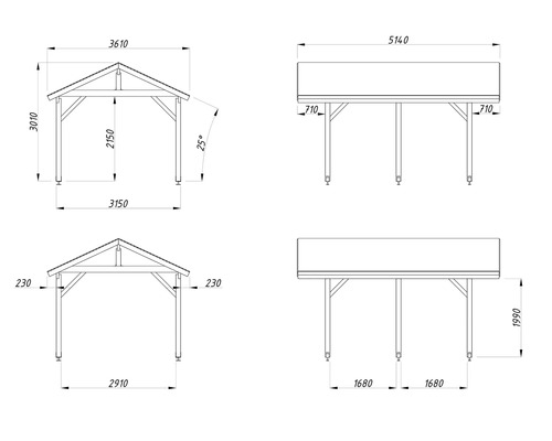 Teknisk ritning av en carport med dimensioner