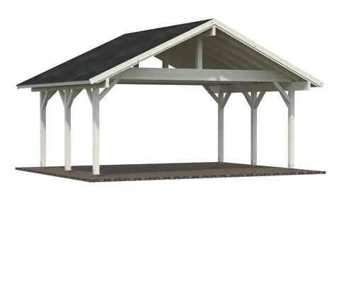 Träpaviljong med tak och trägolv