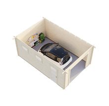 Trägarage med bil, hyllor och robotgräsklippare