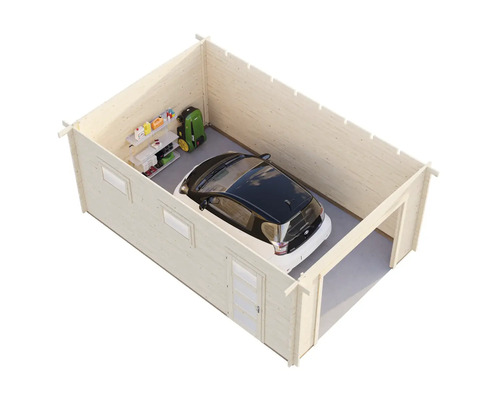 Trägarage med bil, hyllor och robotgräsklippare