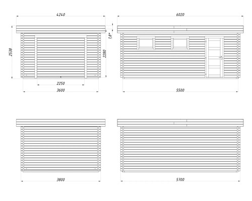Teknisk ritning av ett trädgårdshus med mått
