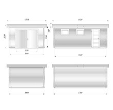 Teknisk ritning av en timmerstuga med garageport, fönster och dörr med måttangivelser