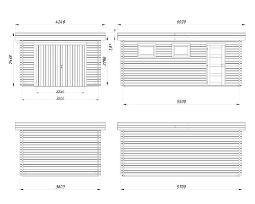 Teknisk ritning av en timmerstuga med garageport, fönster och dörr med måttangivelser