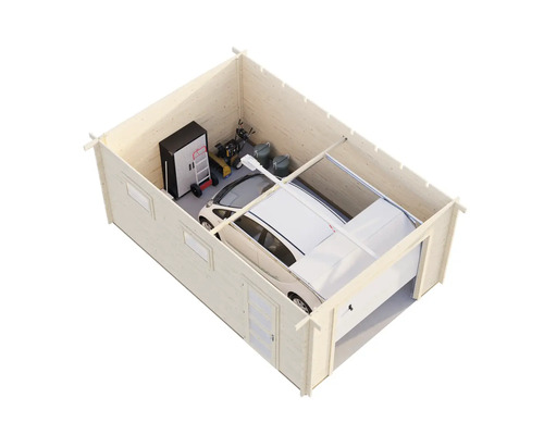 Garage av trä med bil, verktygsskåp och trädgårdsredskap