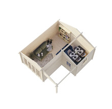 Interiör av ett trädgårdshus med vardagsrum och matplats