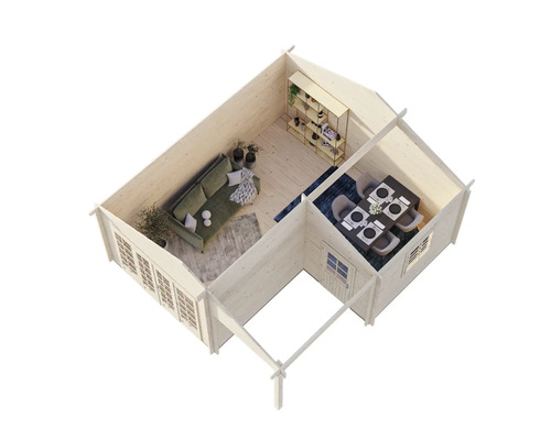 Interiör av ett trädgårdshus med vardagsrum och matplats