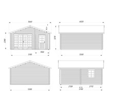 Teknisk ritning av ett trädgårdshus med mått