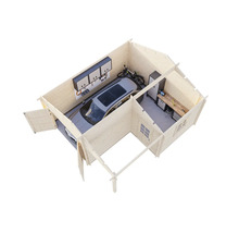 Interiör av ett garage med bil, arbetsbänk, cyklar och verktygsskåp