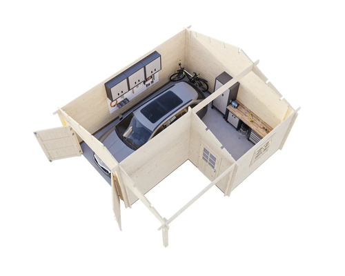 Interiör av ett garage med bil, arbetsbänk, cyklar och verktygsskåp