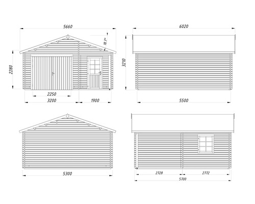 Teknisk ritning av ett trägarage med mått.