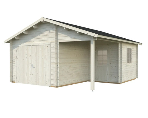 Trädgårdshus i trä med garage och täckt entré