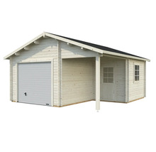 Trägarage med sidodörr och garageport