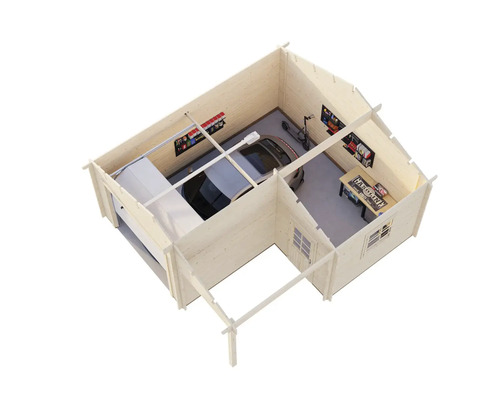 Översikt av ett garage i trä med bil, arbetsbänk och verktyg