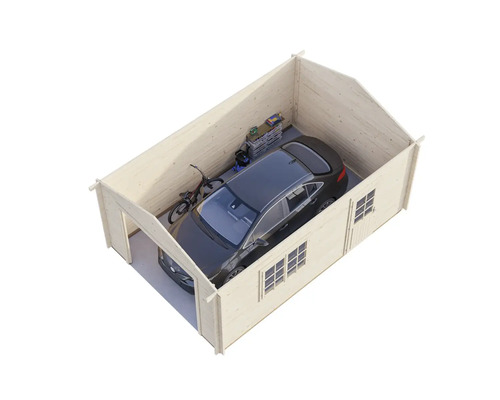 Trägarage med bil, cykel och hylla