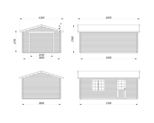 Teknisk ritning av ett trädgårdshus med mått