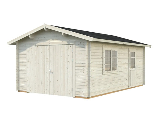 Trägarage med dubbeldörr, fönster och sidodörr