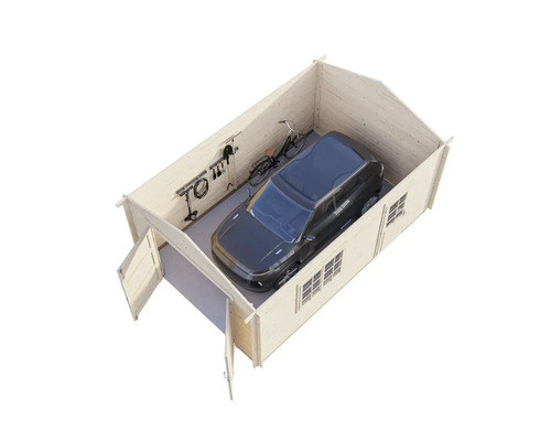 Trägarage med bil, cykel och väggfästen för trädgårdsredskap