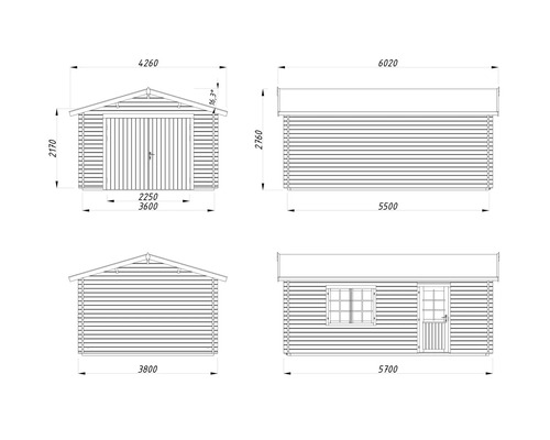 Teknisk ritning av ett trädgårdshus med mått