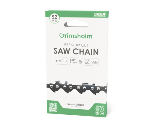 Sågkedja GRIMSHOLM 52 DL 3/8" .043"/1,1mm 14" Grimsholm sågkedja i förpackning med uppgifterna 14 tum, 1,1 mm och 3/8 tum Low Profile