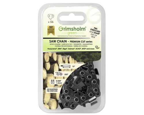 Sågkedja GRIMSHOLM 56 DL .325" .058"/1,5mm 13" Grimsholm sågkedja med 56 länkar, 13 tum längd och 0,325 tum delning i plastförpackning