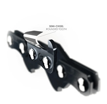 Närbild av en motorsågskedja med halvmejselformade, rundade tänder.