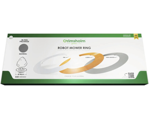 Grimsholm Green Robotgräsklipparring förpackning med materialinformation och storleksangivelser