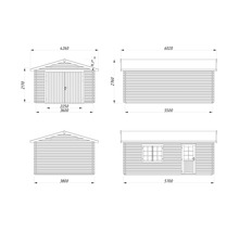 Teknisk ritning av ett trädgårdshus med mått.