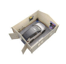 Garage i trä med bil, verktyg och cykel