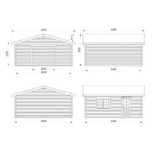 Teknisk ritning av ett trädgårdshus med måttangivelser