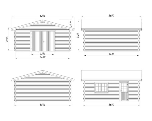 Teknisk ritning av ett garage med olika vyer och mått.
