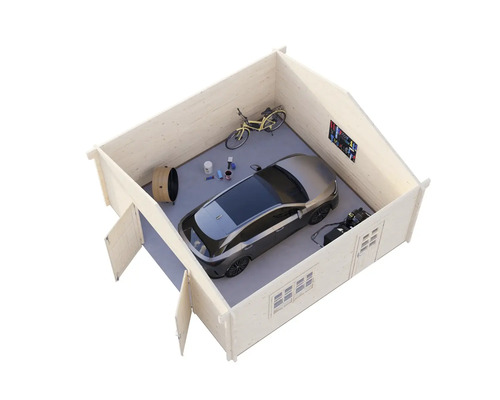 Vy över ett trädgårdsskjul med bil, cykel och verktyg