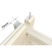 Detaljvy av ett trähus med en markerad längd på 70 millimeter