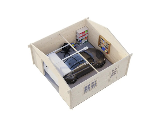 Beskuren vy av ett trägarage med bil, hylla och verktygsvägg