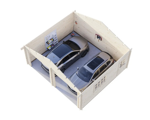 Dubbelgarage i trä med två bilar och hyllor