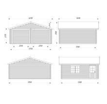Teknisk ritning av ett trädgårdsskjul med måttangivelser