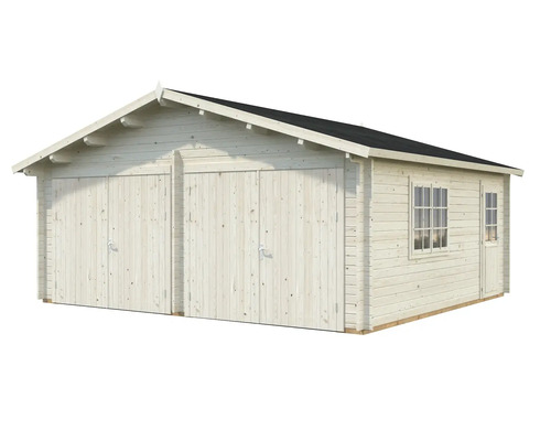 Dubbelgarage av trä med fönster och dörr