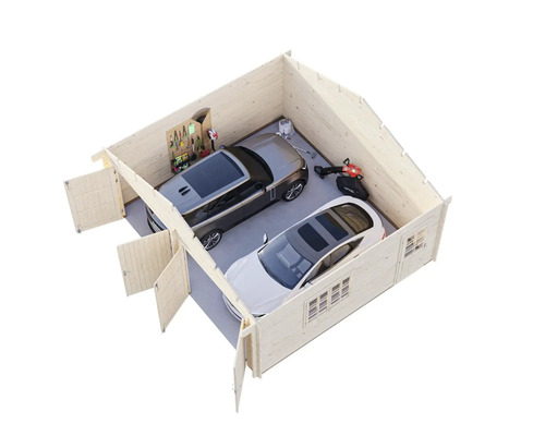 Översikt av ett trägarage med två bilar, trädgårdsredskap och verktygsvägg