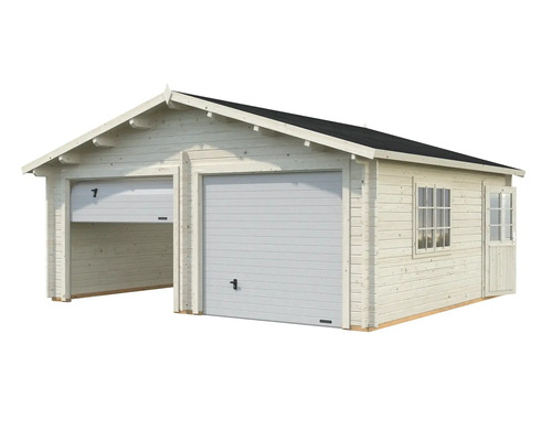 Dubbelgarage av trä med två garageportar, fönster och dörr