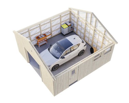 Garage med bil, verktygsvagnar och hyllor