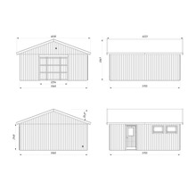 Teknisk ritning av ett trädgårdsskjul med måttangivelser