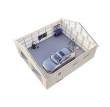 Garage med bil, arbetsbänk och verktyg