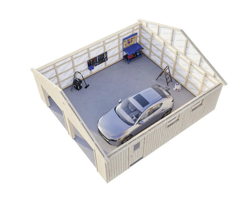 Garage med bil, arbetsbänk och verktyg