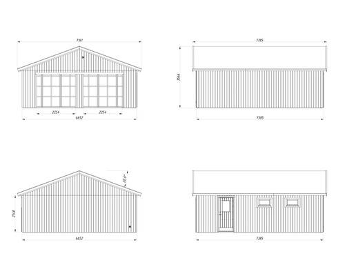 Teknisk ritning av ett dubbelgarage med sidodörr och fönster