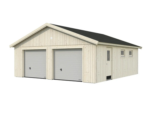 Dubbelgarage i trä med två garageportar och en sidodörr