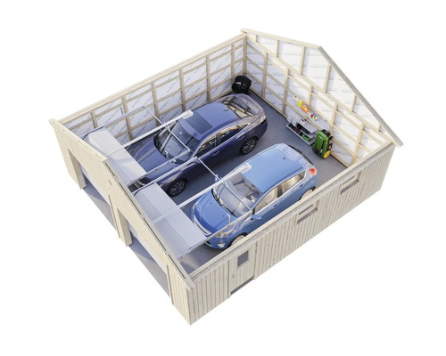 Garage med två bilar, hyllor och trädgårdsredskap