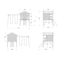 Teknisk ritning av en lekstuga med gunga och rutschkana med dimensioner