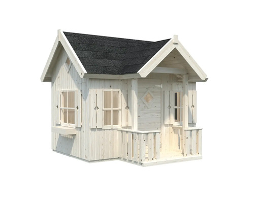 Lekstuga i trä med tak och fönster